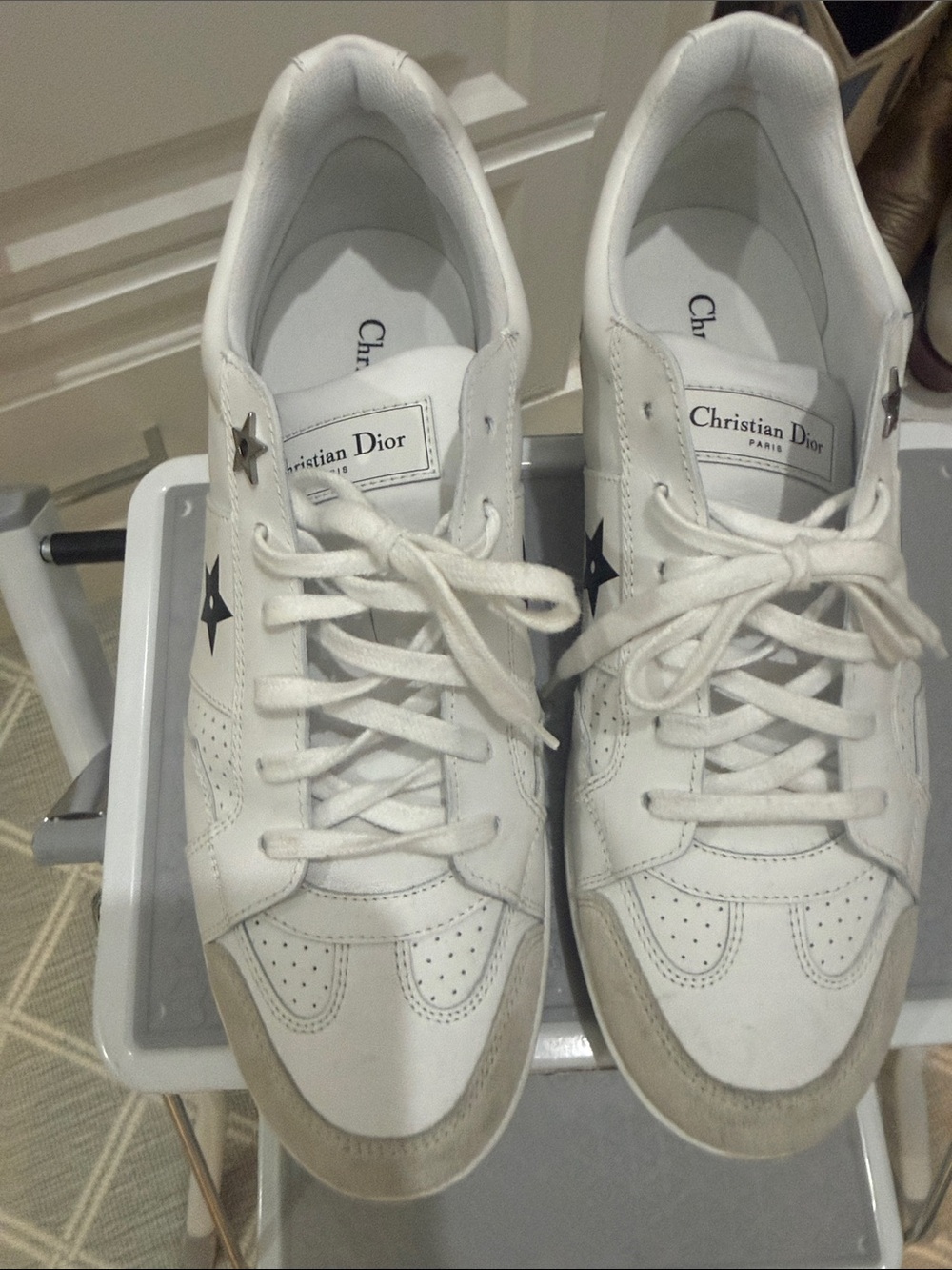 Dior White Leather Sneakers with Beige Suede Toe and Black Star Detail